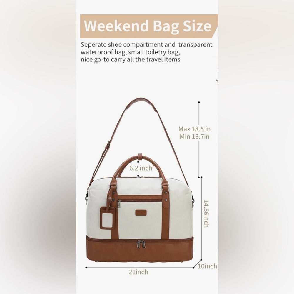 Wogarl NWT Weekender Carryon Large Overnight Weekend Duffel Bag Brown and White